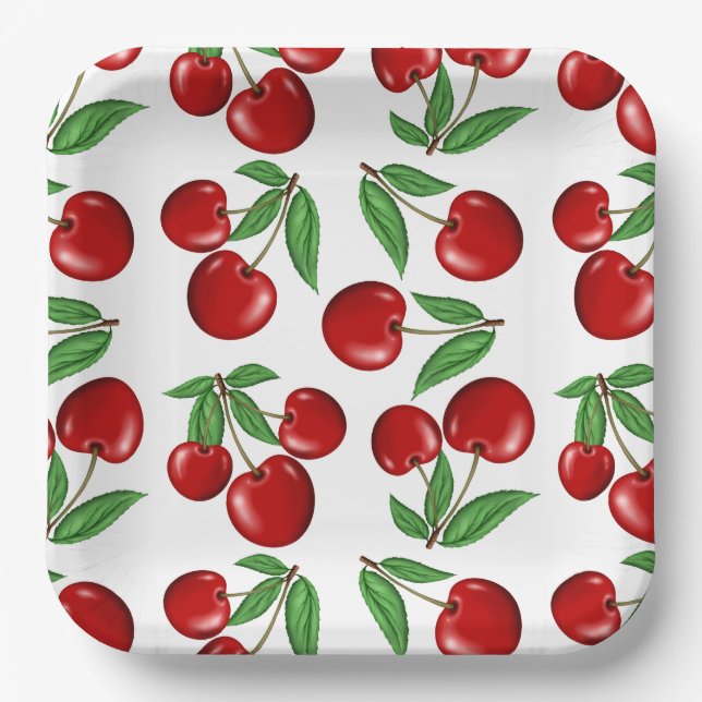 Red Cherries Retro Style Graphic Print Paper Plates (Front)