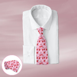 Red Cherries White Flower Pattern Pink Neck Tie