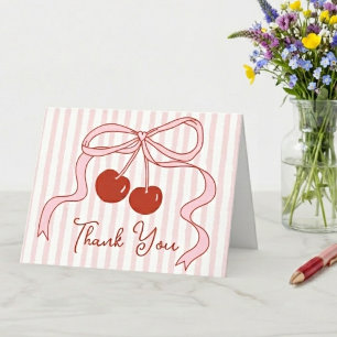 Red Cherries with Bow & Classy Preppy Pink Stripes Thank You Card