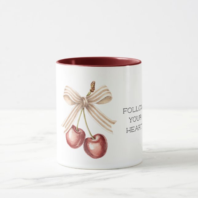 Red Cherries with Cream White Stripes Bow Mug (Center)