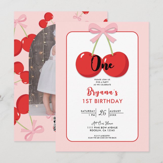 Red Cherries with Pink Bow Coquette 1st Birthday  Invitation (Front/Back)