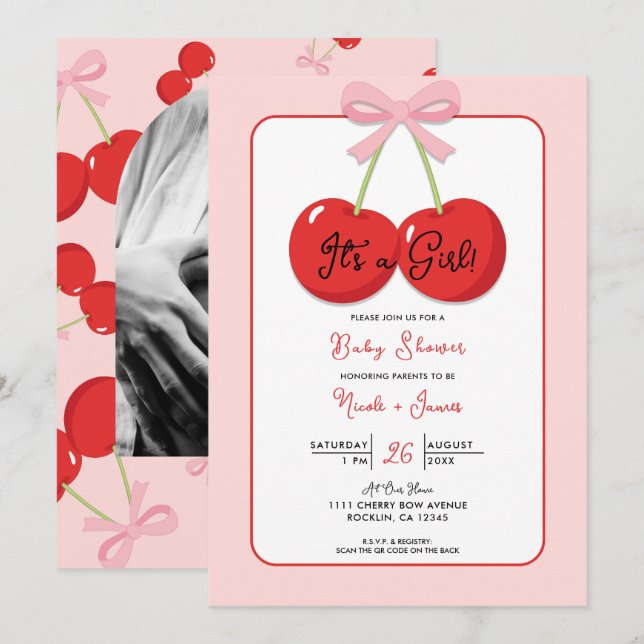 Red Cherries with Pink Bow Coquette Baby Shower Invitation (Front/Back)