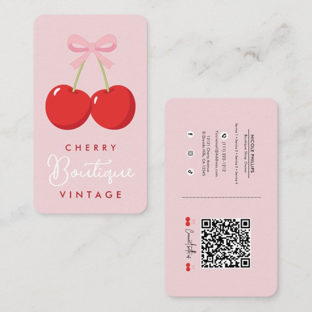 Red Cherries with Pink Bow Coquette Boutique  Business Card (Front/Back)