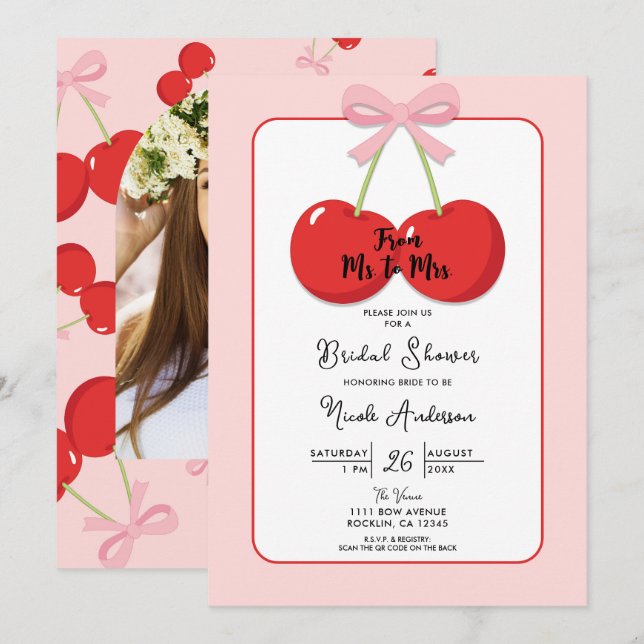 Red Cherries with Pink Bow Coquette Bridal Shower Invitation (Front/Back)