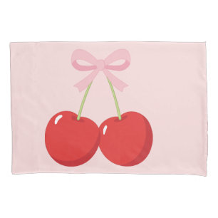 Red Cherries with Pink Bow Coquette Cottage Chic Pillow Case