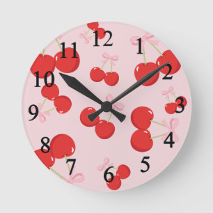 Red Cherries with Pink Bow Coquette Cottage Chic  Round Clock