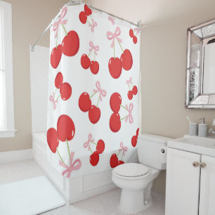Red Cherries with Pink Bow Coquette Cottage Chic Shower Curtain