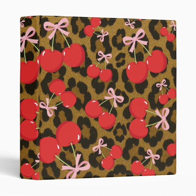 Red Cherries with Pink Bow Coquette Leopard Print 3 Ring Binder (Front/Spine)