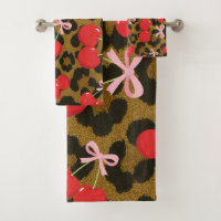 Red Cherries with Pink Bow Coquette Leopard Print