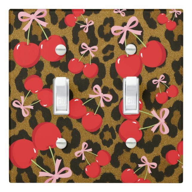 Red Cherries with Pink Bow Coquette Leopard Print Light Switch Cover (In Situ)