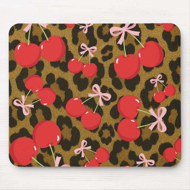 Red Cherries with Pink Bow Coquette Leopard Print Mouse Pad (Front)