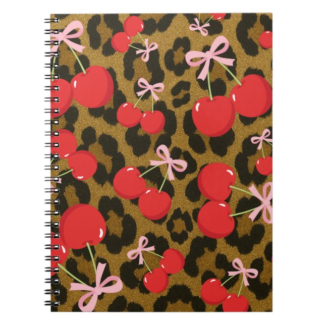 Red Cherries with Pink Bow Coquette Leopard Print Notebook (Front)
