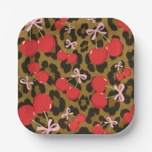 Red Cherries with Pink Bow Coquette Leopard Print Paper Plates