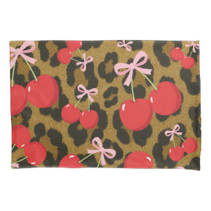 Red Cherries with Pink Bow Coquette Leopard Print Pillow Case