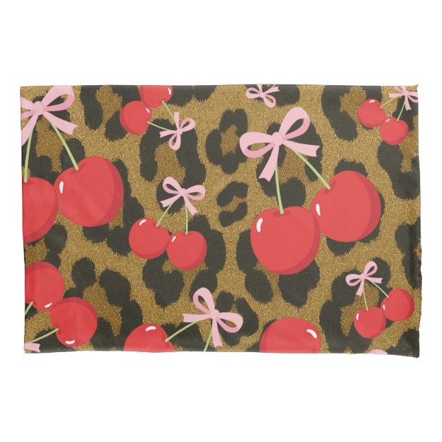 Red Cherries with Pink Bow Coquette Leopard Print Pillow Case (Front)