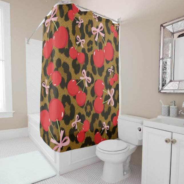 Red Cherries with Pink Bow Coquette Leopard Print Shower Curtain (In Situ)