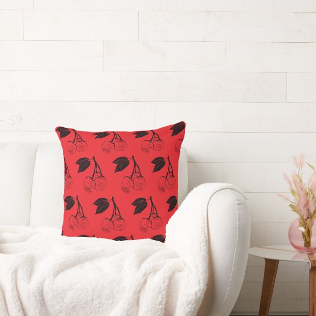 Red Cherries Woodcut  Throw Pillow (Couch)