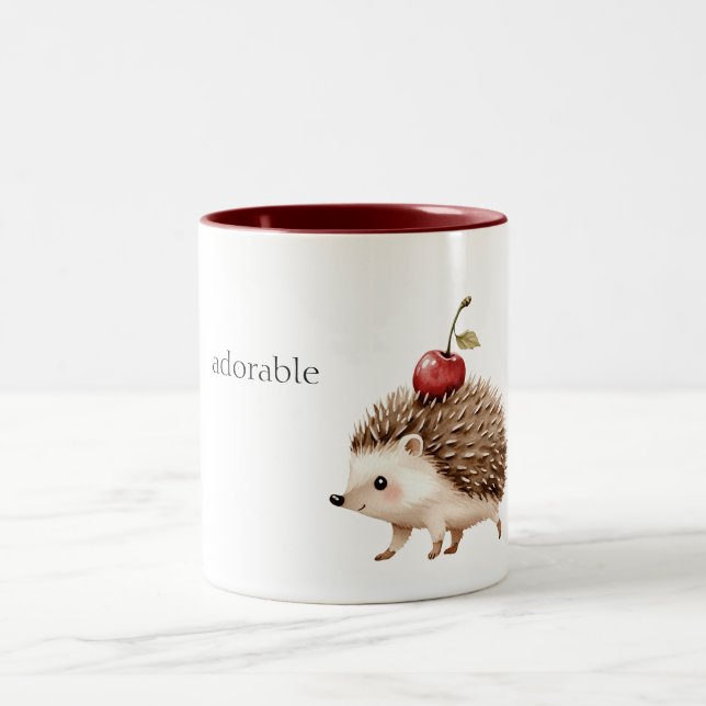 Red Cherry Adorable Hedgehog Two-Tone Coffee Mug (Center)