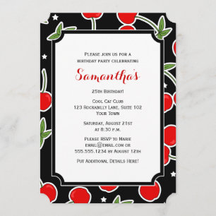 Red Cherry and Star Retro Die-cut Birthday Party Invitation