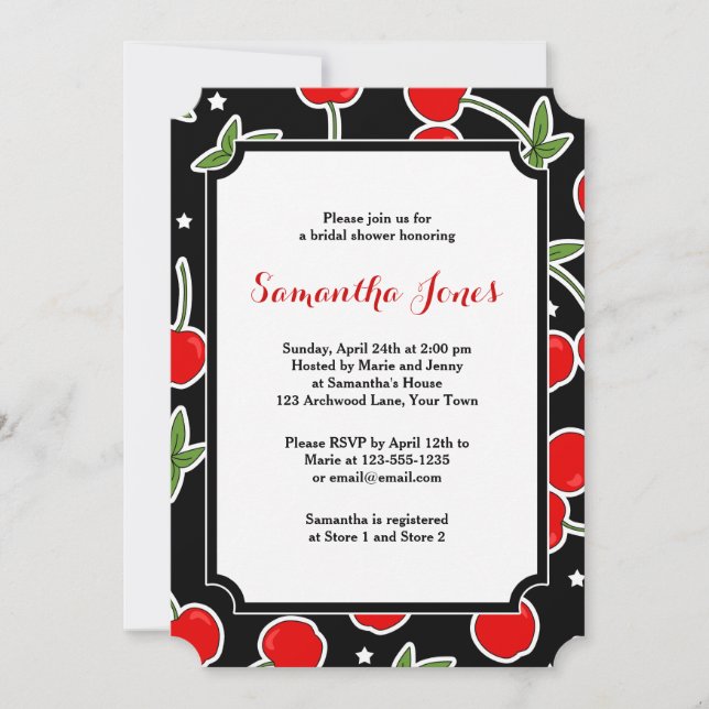 Red Cherry and Star Retro Die-cut Bridal Shower Invitation (Front)