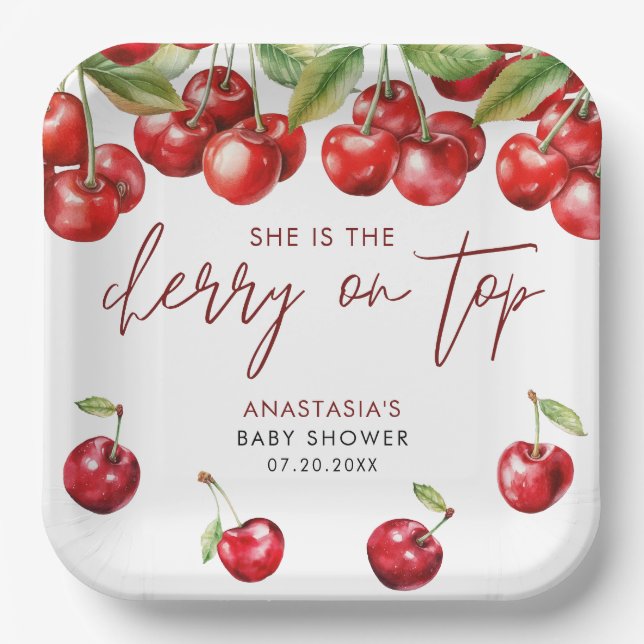 Red Cherry Baby Shower Paper Plates (Front)