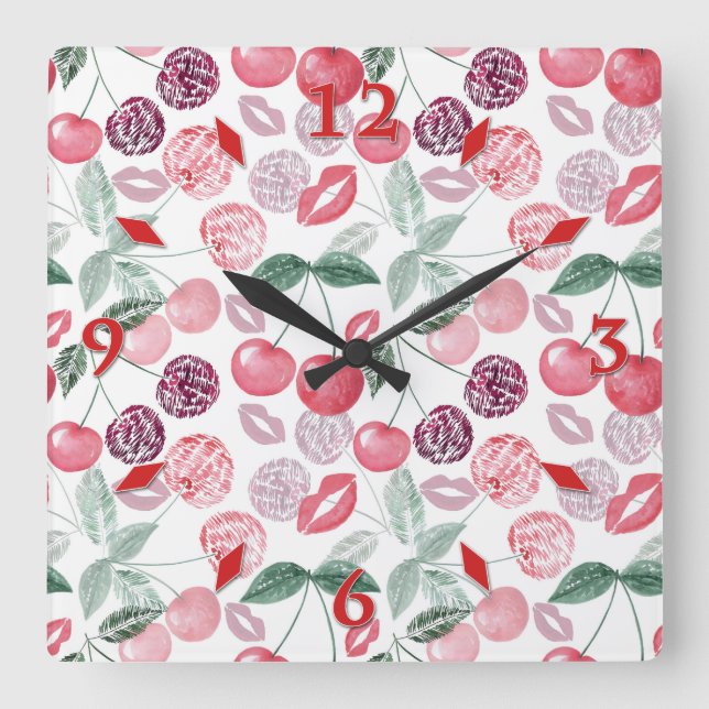 Red cherry berry fruit stylish large clock (Front)