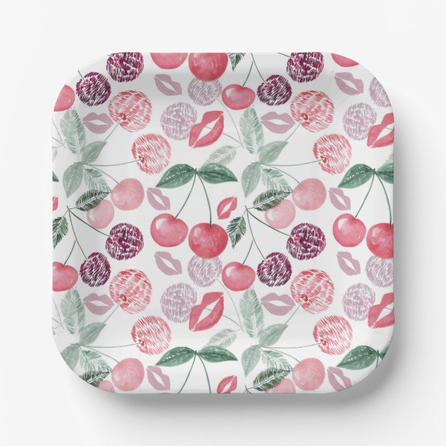 Red cherry berry fruit stylish paper plates (Front)