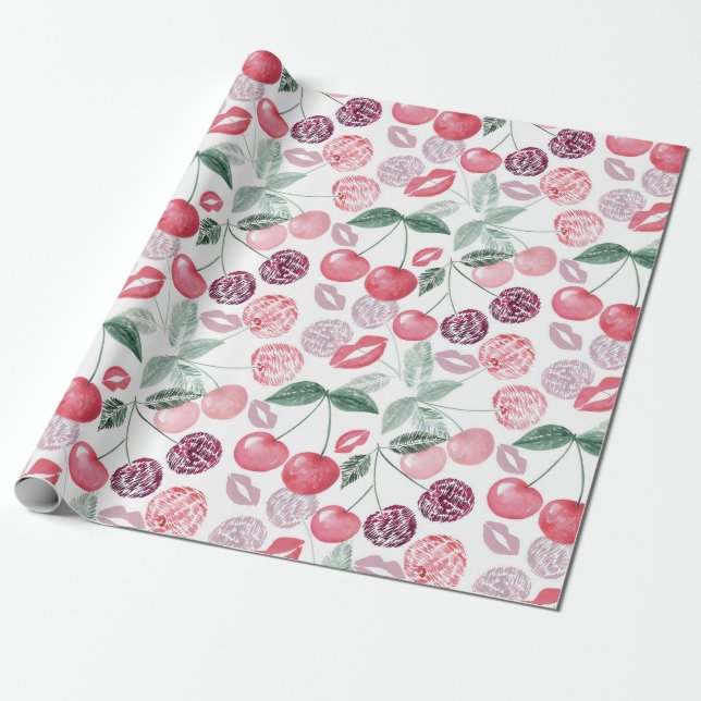 Red cherry berry fruit stylish wrapping paper (Unrolled)