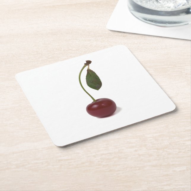 Red cherry berry square paper coaster (Angled)