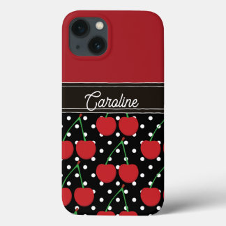 red cherry black polka dots vintage personalized iPhone 13 case
