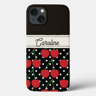 red cherry black polka dots vintage personalized iPhone 13 case