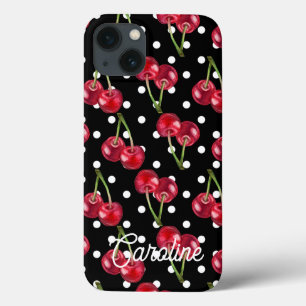 red cherry black polka dots vintage personalized  iPhone 13 case
