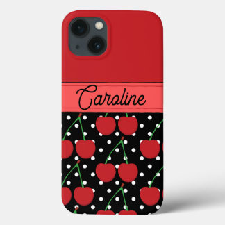 red cherry black polka dots vintage personalized  iPhone 13 case
