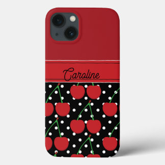 red cherry black polka dots vintage personalized iPhone 13 case