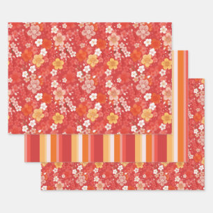 Red Cherry Blossom Bloomscape and Stripes Wrapping Paper Sheets
