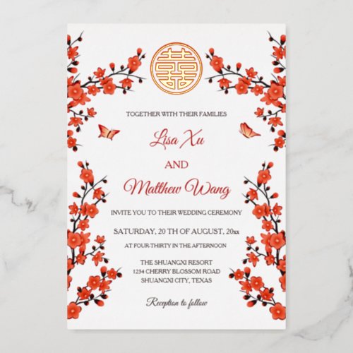 Red Cherry Blossom  Chinese Wedding Foil Invitation