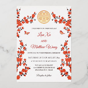 Red Cherry Blossom   Chinese Wedding Foil Invitation