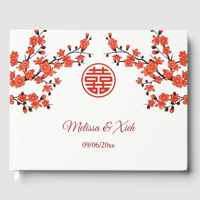 Red Cherry Blossom Chinese Wedding Guest Book (Front)