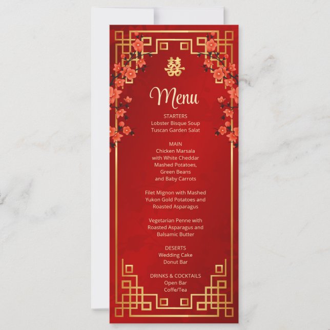 Red Cherry Blossom Chinese Wedding Menu Card (Front)