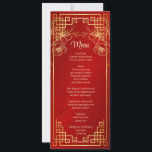 Red Cherry Blossom Chinese Wedding Menu Card<br><div class="desc">Red cherry blossoms and a gold double happiness symbol on a shimmering red background. With custom bride and groom names,  the wedding date and a custom menu text.</div>
