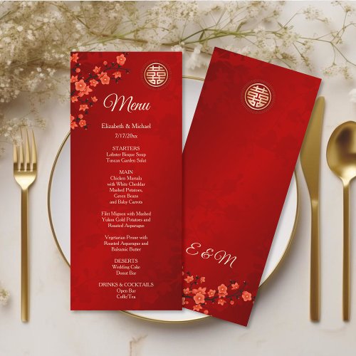 Red Cherry Blossom Chinese Wedding Menu Card