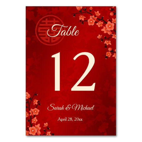 Red Cherry Blossom Chinese Wedding Table Number