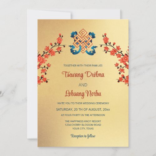 Red Cherry Blossom Endless Knot Tibetan Wedding Invitation