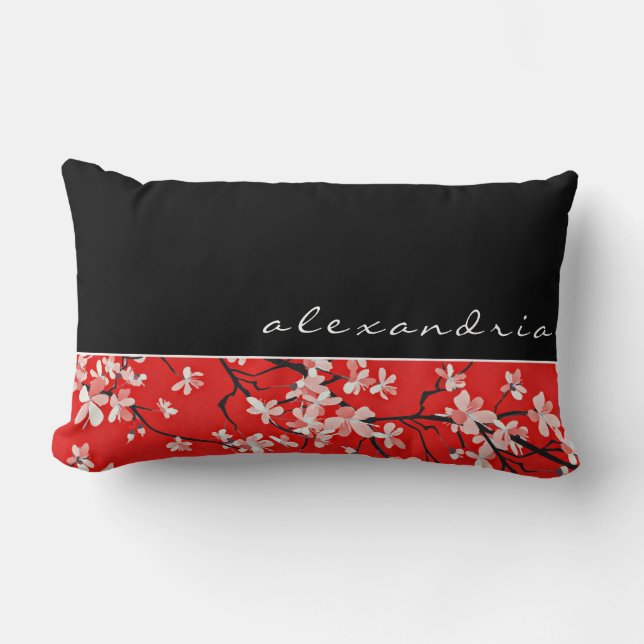 Red Cherry Blossom Floral | Black | Custom Name Lumbar Pillow (Front)