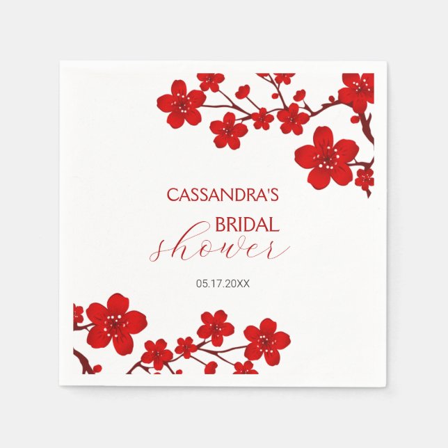 Red Cherry Blossom Floral Bridal Shower Napkins (Front)