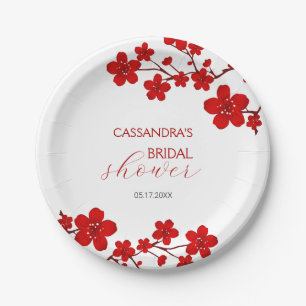 Red Cherry Blossom Floral Bridal Shower Paper Plates