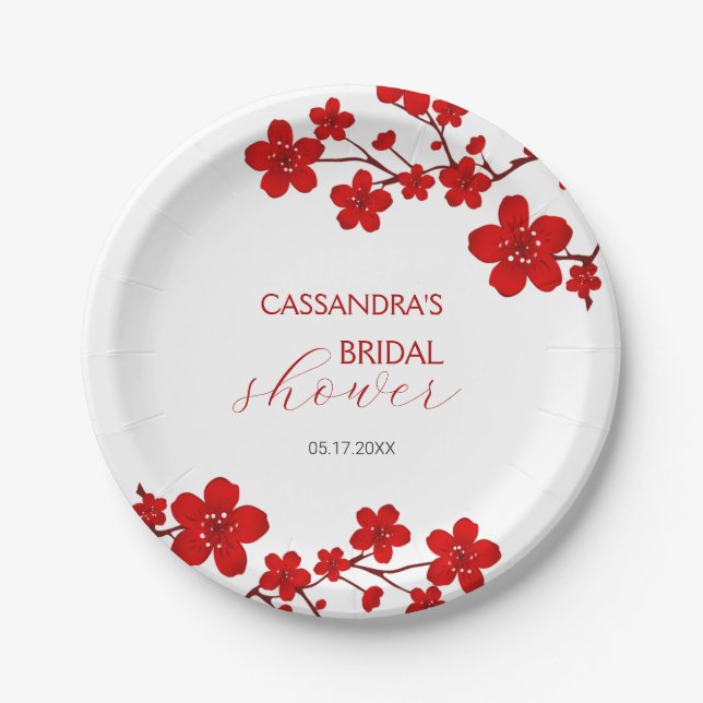 Red Cherry Blossom Floral Bridal Shower Paper Plates (Front)