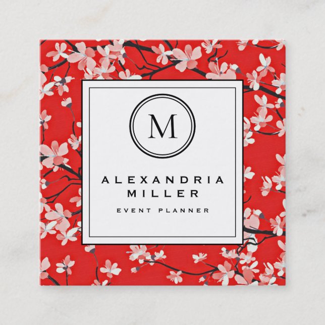 Red Cherry Blossom Floral | Monogram Square Business Card (Front)