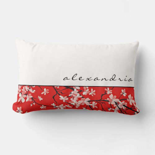 Red Cherry Blossom Floral  Personalized Name Lumbar Pillow