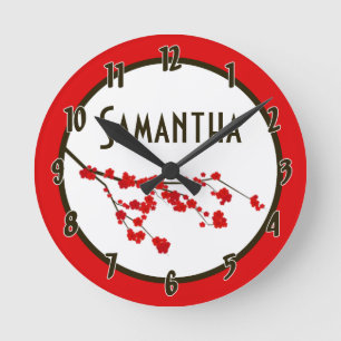 Red Cherry Blossom Flower Personalized Clock